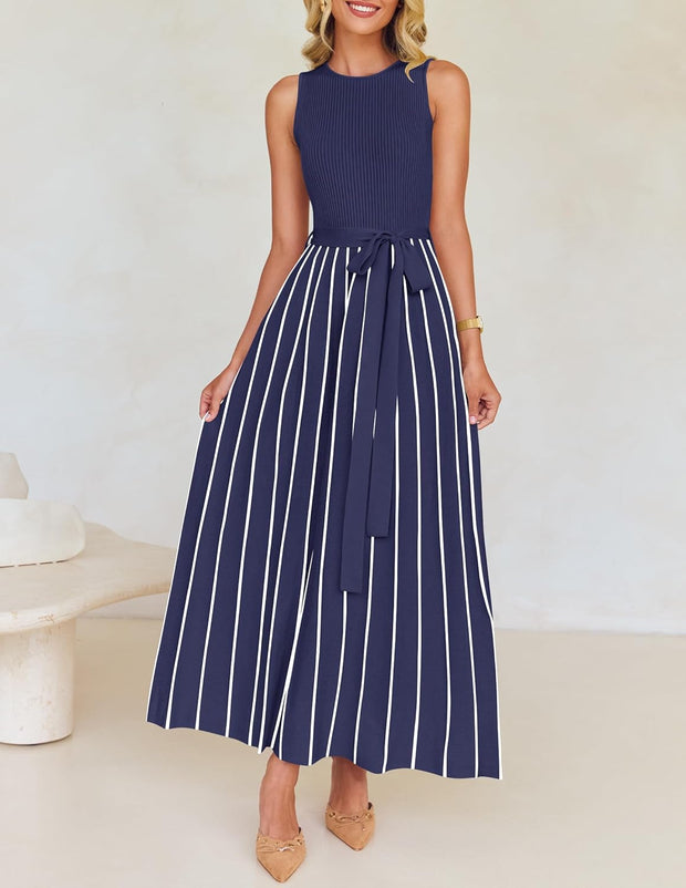 ZESICA Women's Summer Sleeveless Midi Dress 2025 Crewneck Ribbed Knit Tie Waist Casual A Line Swing Dresses