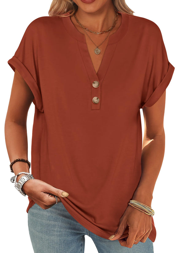 ANRABESS Womens Short Sleeve Henley Tops V Neck Dressy Casual Loose Fit Shirts Summer Flowy Blouses 2025 Trendy Clothes