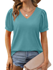 Geifa Womens Summer Tops Puff Short Sleeve V Neck T Shirts Loose Casual Tshirts