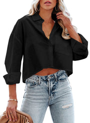 Tankaneo Womens Button Down Cropped Shirts Long Sleeve Casual Crop Tops Solid Lapel Blouse Shirt with Chest Pocket