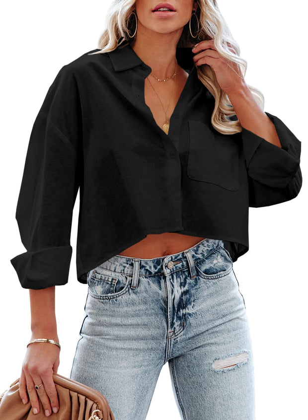 Tankaneo Womens Button Down Cropped Shirts Long Sleeve Casual Crop Tops Solid Lapel Blouse Shirt with Chest Pocket