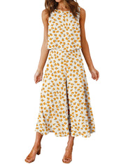 ROYLAMP Women's Summer 2 Piece Outfits Round Neck Crop Basic Top Cropped Wide Leg Pants Set Jumpsuits