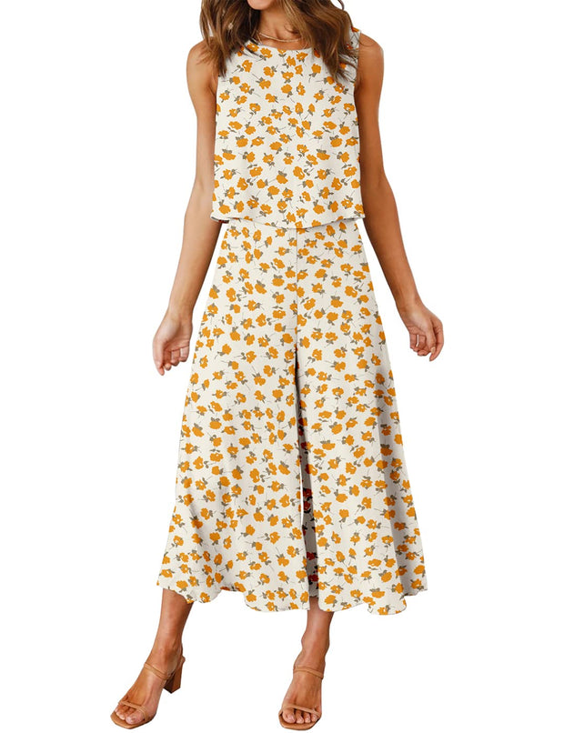 ROYLAMP Women's Summer 2 Piece Outfits Round Neck Crop Basic Top Cropped Wide Leg Pants Set Jumpsuits