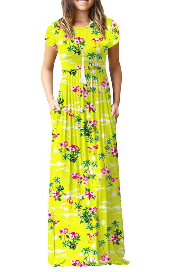 DEARCASE Maxi Dress for Women Black Medium Crewneck Short Sleeves Wedding Guest A-line Casual Party Vintage Spring Summer Beach Long Dresses with Pockets