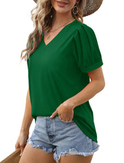 Geifa Womens Summer Tops Puff Short Sleeve V Neck T Shirts Loose Casual Tshirts