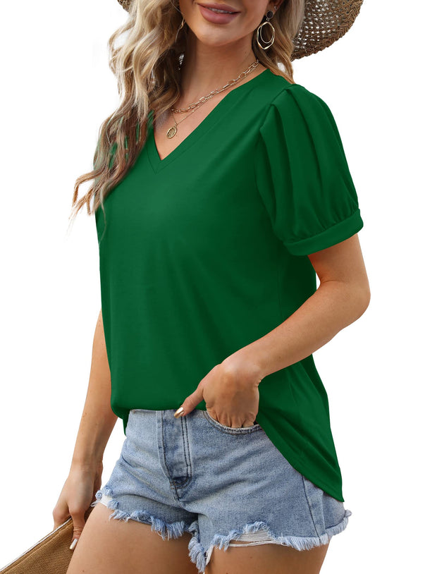 Geifa Womens Summer Tops Puff Short Sleeve V Neck T Shirts Loose Casual Tshirts