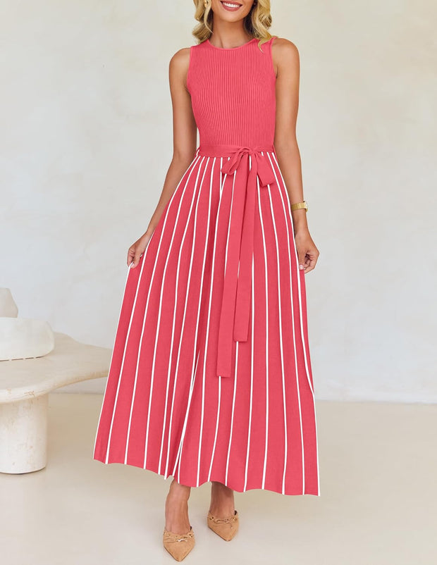 ZESICA Women's Summer Sleeveless Midi Dress 2025 Crewneck Ribbed Knit Tie Waist Casual A Line Swing Dresses