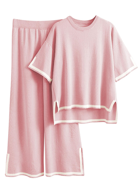 Tanming Sweater Sets Women 2 Piece Lounge Sets Short Sleeve Knit Pullover Tops Wide Leg Pants