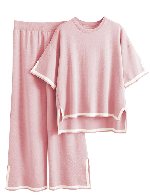 Tanming Sweater Sets Women 2 Piece Lounge Sets Short Sleeve Knit Pullover Tops Wide Leg Pants