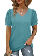 Geifa Womens Summer Tops Puff Short Sleeve V Neck T Shirts Loose Casual Tshirts
