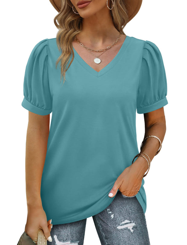 Geifa Womens Summer Tops Puff Short Sleeve V Neck T Shirts Loose Casual Tshirts