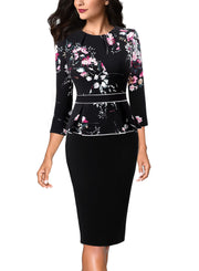 VFSHOW Womens Pleated Crew Neck Peplum Work Business Office Bodycon Pencil Sheath Dress