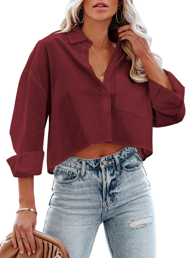 Tankaneo Womens Button Down Cropped Shirts Long Sleeve Casual Crop Tops Solid Lapel Blouse Shirt with Chest Pocket