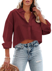 Tankaneo Womens Button Down Cropped Shirts Long Sleeve Casual Crop Tops Solid Lapel Blouse Shirt with Chest Pocket