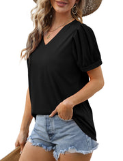 Geifa Womens Summer Tops Puff Short Sleeve V Neck T Shirts Loose Casual Tshirts