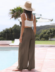 Faleave Women's Cotton Linen Summer Palazzo Pants Flowy Wide Leg Beach Trousers with Pockets