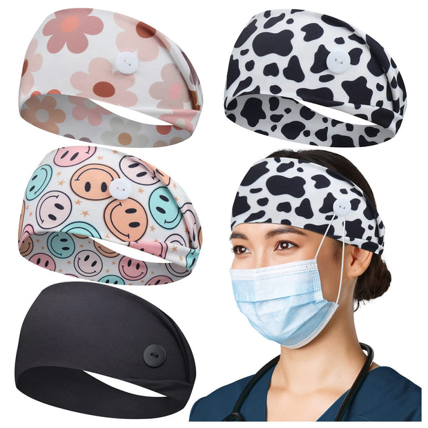 ABAMERICA Headbands with Button for Mask, Wide Nurses Headbands Non Slip Elastic Ear Protection for Women Men Doctors Sweatband Headband (BUTTON- 1 PACK COLOR05)