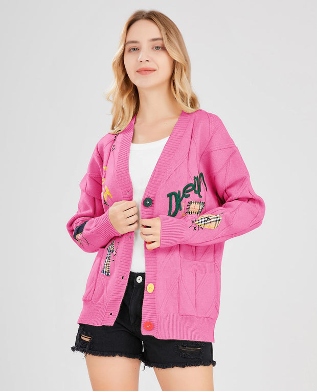 Women's Cable Knit Long Sleeve Open Front Cardigan Sheep V-Neck Button Down Embroidery Wool Blend Sweater Coat Outwear