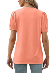 Geifa Womens Summer Tops Puff Short Sleeve V Neck T Shirts Loose Casual Tshirts