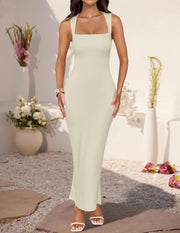 ZESICA Women's Summer Bodycon Midi Dress Sleeveless Square Neck Slim Fit Back Slit Long Cocktail Party Dresses