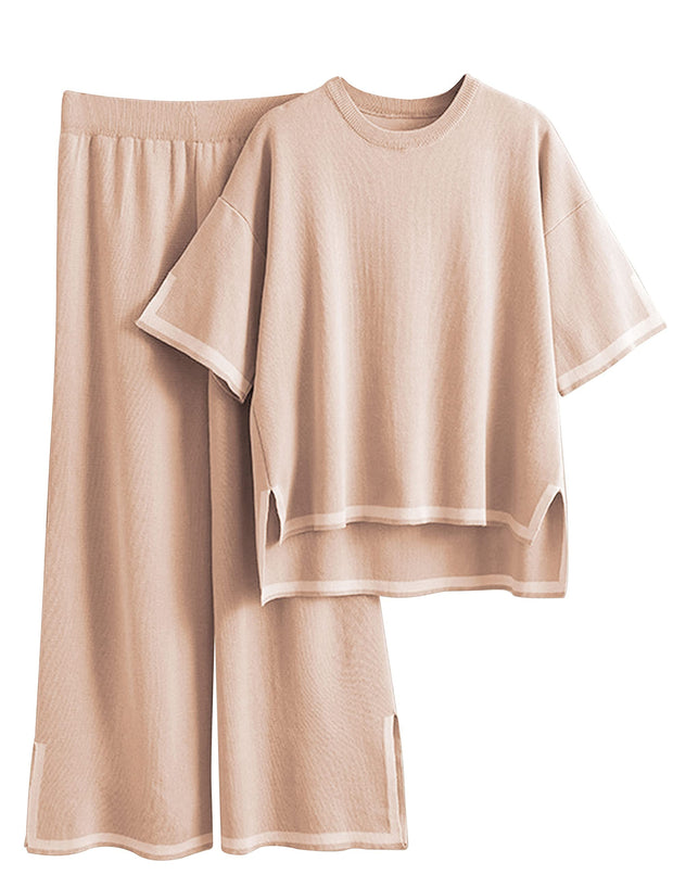 Tanming Sweater Sets Women 2 Piece Lounge Sets Short Sleeve Knit Pullover Tops Wide Leg Pants