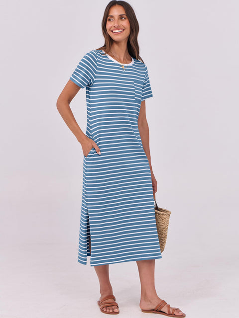 ANRABESS Womens Summer Casual Midi Dress Short Sleeve Crewneck T Shirt Long Dresses Split Stripe Beach Vacation Travel Outfit Small