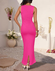 ZESICA Women's Summer Bodycon Midi Dress Sleeveless Square Neck Slim Fit Back Slit Long Cocktail Party Dresses