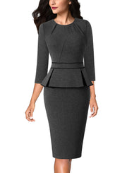 VFSHOW Womens Pleated Crew Neck Peplum Work Business Office Bodycon Pencil Sheath Dress