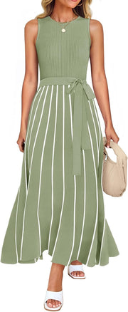 ZESICA Women's Summer Sleeveless Midi Dress 2025 Crewneck Ribbed Knit Tie Waist Casual A Line Swing Dresses