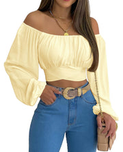 MIRACMODA Woman Off Shoulder Ruched Tie Back Crop Top Summer Lantern Sleeve Boho Shirt Blouse