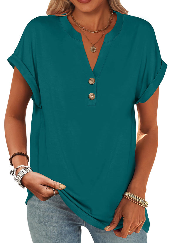 ANRABESS Womens Short Sleeve Henley Tops V Neck Dressy Casual Loose Fit Shirts Summer Flowy Blouses 2025 Trendy Clothes