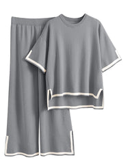 Tanming Sweater Sets Women 2 Piece Lounge Sets Short Sleeve Knit Pullover Tops Wide Leg Pants