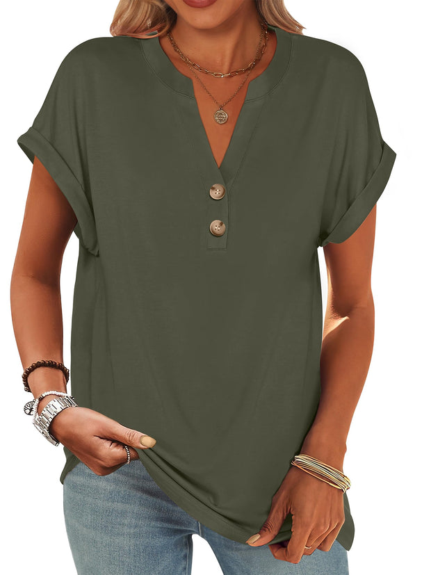 ANRABESS Womens Short Sleeve Henley Tops V Neck Dressy Casual Loose Fit Shirts Summer Flowy Blouses 2025 Trendy Clothes