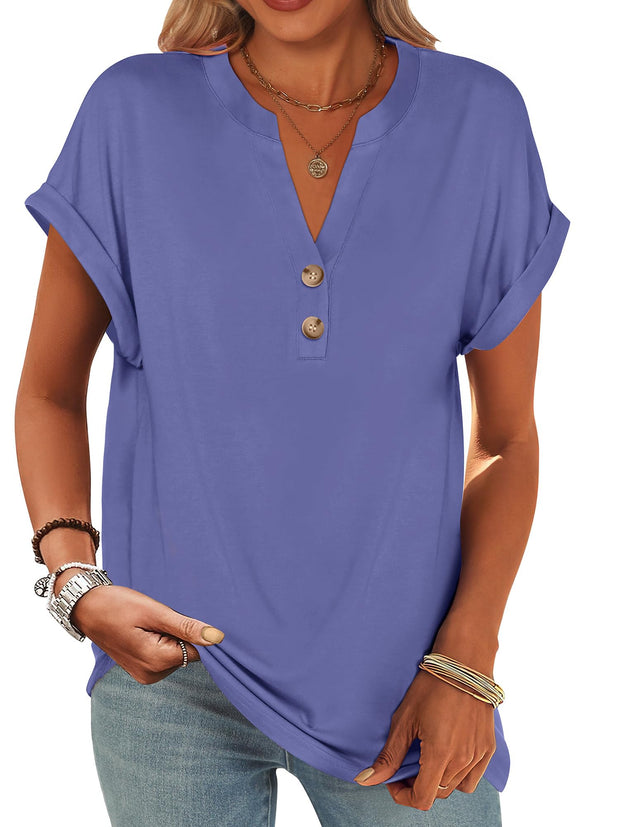 ANRABESS Womens Short Sleeve Henley Tops V Neck Dressy Casual Loose Fit Shirts Summer Flowy Blouses 2025 Trendy Clothes