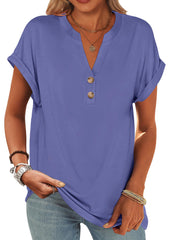 ANRABESS Womens Short Sleeve Henley Tops V Neck Dressy Casual Loose Fit Shirts Summer Flowy Blouses 2025 Trendy Clothes