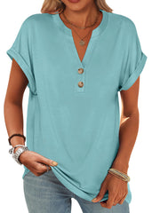 ANRABESS Womens Short Sleeve Henley Tops V Neck Dressy Casual Loose Fit Shirts Summer Flowy Blouses 2025 Trendy Clothes