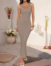 ZESICA Women's Summer Bodycon Midi Dress Sleeveless Square Neck Slim Fit Back Slit Long Cocktail Party Dresses
