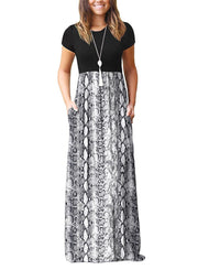 DEARCASE Maxi Dress for Women Black Medium Crewneck Short Sleeves Wedding Guest A-line Casual Party Vintage Spring Summer Beach Long Dresses with Pockets