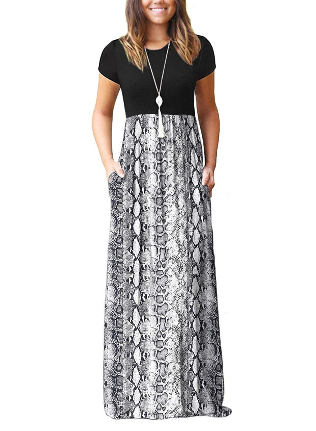 DEARCASE Maxi Dress for Women Black Medium Crewneck Short Sleeves Wedding Guest A-line Casual Party Vintage Spring Summer Beach Long Dresses with Pockets