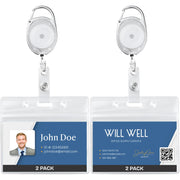 Will Well ID Badge Holders with Clip and Keyring - Horizontal Clear Plastic 2.52" x 3.58" Sleeves Fit Up to 3 Cards - Retractable 24" UHMWPE Fiber Pull Cords for Easy Access - 2-Pack, Black Reels