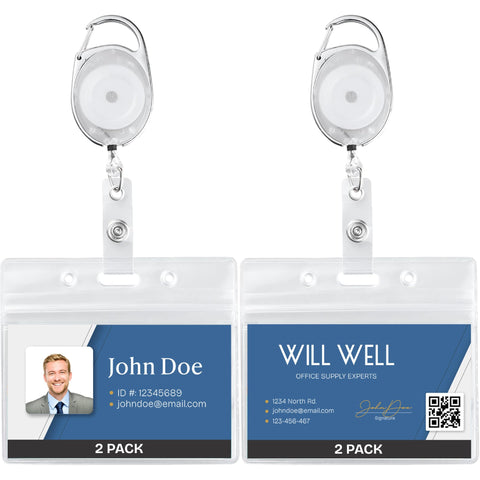 Will Well ID Badge Holders with Clip and Keyring - Horizontal Clear Plastic 2.52" x 3.58" Sleeves Fit Up to 3 Cards - Retractable 24" UHMWPE Fiber Pull Cords for Easy Access - 2-Pack, Black Reels