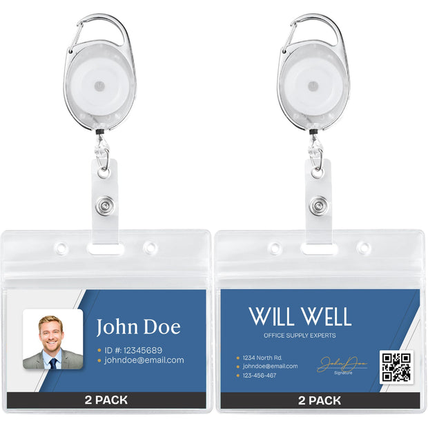Will Well ID Badge Holders with Clip and Keyring - Horizontal Clear Plastic 2.52" x 3.58" Sleeves Fit Up to 3 Cards - Retractable 24" UHMWPE Fiber Pull Cords for Easy Access - 2-Pack, Black Reels