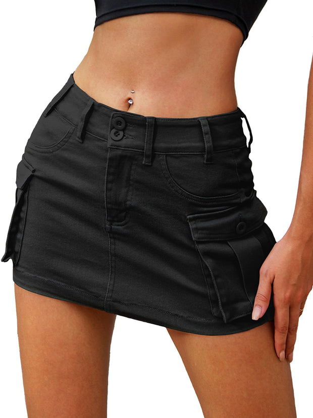 ELLEVEN High Stretchy Cargo Skirt for Women, Low Waist Y2k Mini Skirt Cute Denim Skirt with Pockets