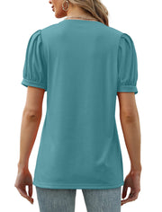 Geifa Womens Summer Tops Puff Short Sleeve V Neck T Shirts Loose Casual Tshirts