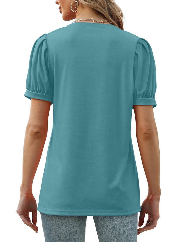 Geifa Womens Summer Tops Puff Short Sleeve V Neck T Shirts Loose Casual Tshirts