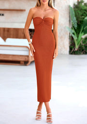PRETTYGARDEN Women's Bodycon Long Dresses Summer Strapless Tube Twist Knot Front Ribbed Knit Maxi Cocktail Dress with Slit