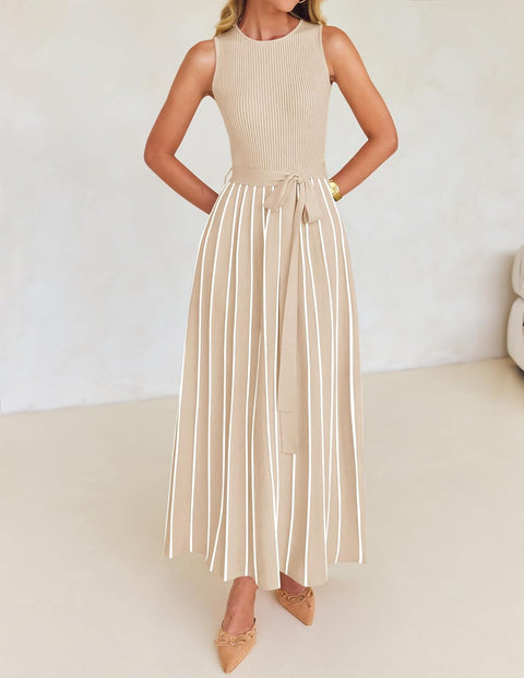 ZESICA Women's Summer Sleeveless Midi Dress 2025 Crewneck Ribbed Knit Tie Waist Casual A Line Swing Dresses