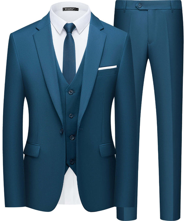 WULFUL Men’s Slim Fit Suit One Button 3-Piece Blazer Dress Business Wedding Party Jacket Vest & Pant