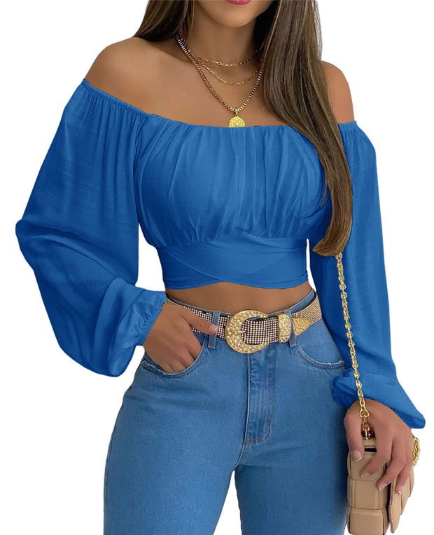 MIRACMODA Woman Off Shoulder Ruched Tie Back Crop Top Summer Lantern Sleeve Boho Shirt Blouse