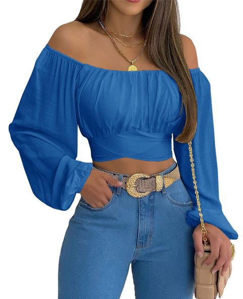 MIRACMODA Woman Off Shoulder Ruched Tie Back Crop Top Summer Lantern Sleeve Boho Shirt Blouse